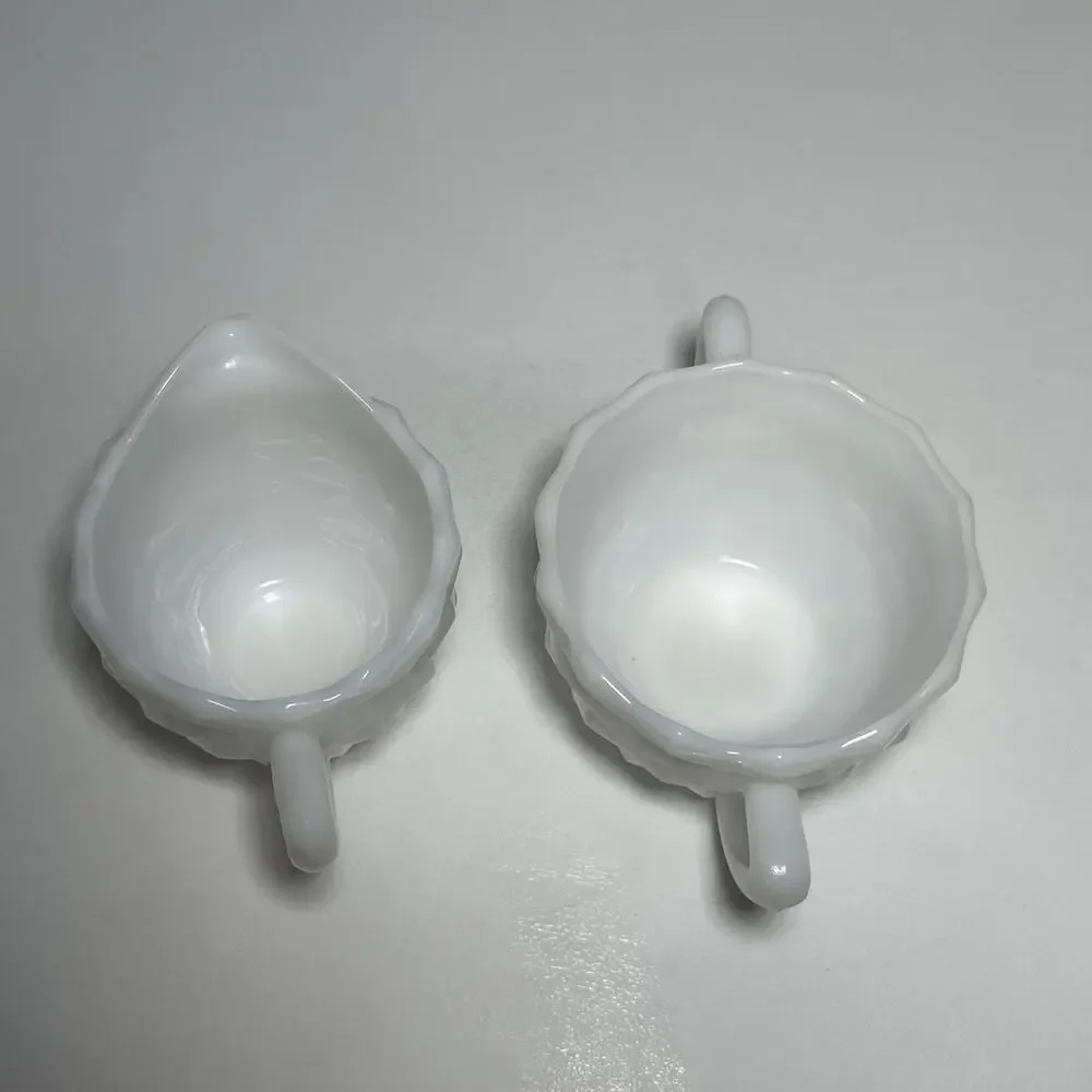 Hazel-Atlas Vintage Cubist Opaque Milk Glass Creamer and Sugar Bowl Set Vintage